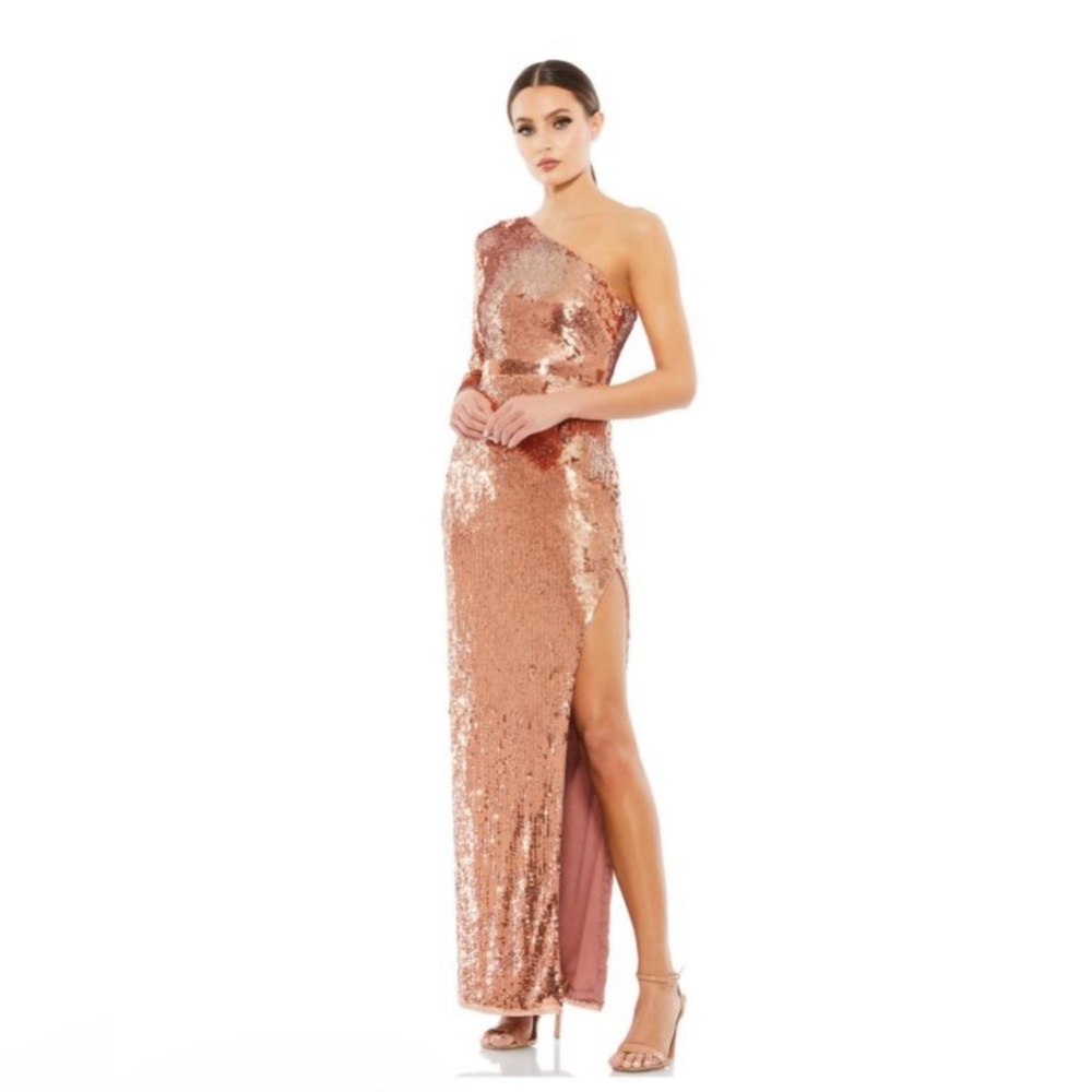 NWT Mac Duggal Copper Sequin One Shoulder Gown Style 10788